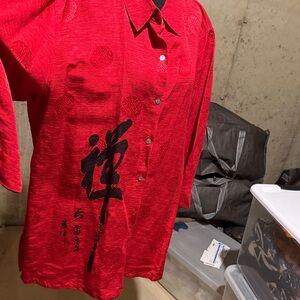 Chico's Red Silk-Blend Shirt with Black Detailing